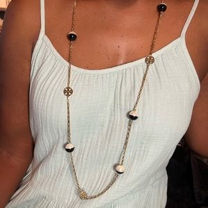 Tory Burch long gold logo & black enamel+white pearl necklace